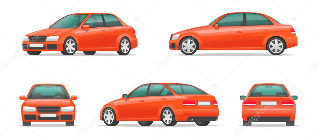 Set of different angles of a red car. City sport sedan view from