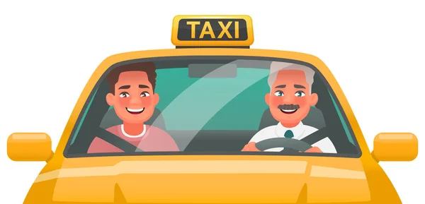 Taxifahrer und Fahrgast fahren in einem gelben Auto. Online-Bestellung — Stockvektor