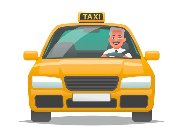 Taxikář řidič řízení žluté auto na izolovaném pozadí. Ve — Stockový vektor