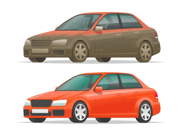 Βρώμικο και καθαρό αυτοκίνητο σε λευκό φόντο. Όχημα πριν και μετά — Διανυσματικό Αρχείο