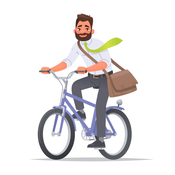 Happy business man rides a bicycle. A cyclist in a business suit