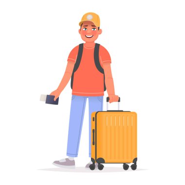Happy man tourist with luggage and backpack at the airport. Vect