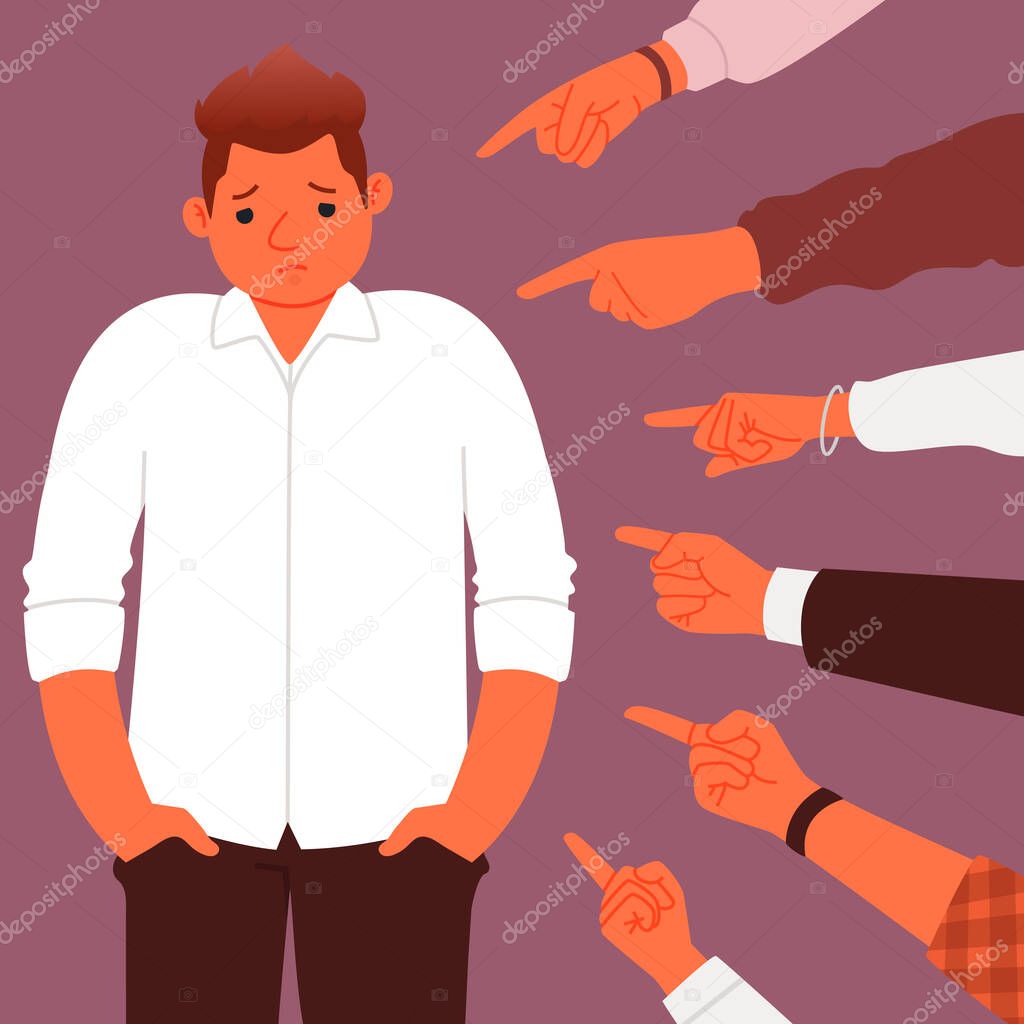 Concept of social censure or accusations. Many hands pointing a depressed sad man. Victim of ridicule and bullying. Harassment. Vector illustration in a flat style