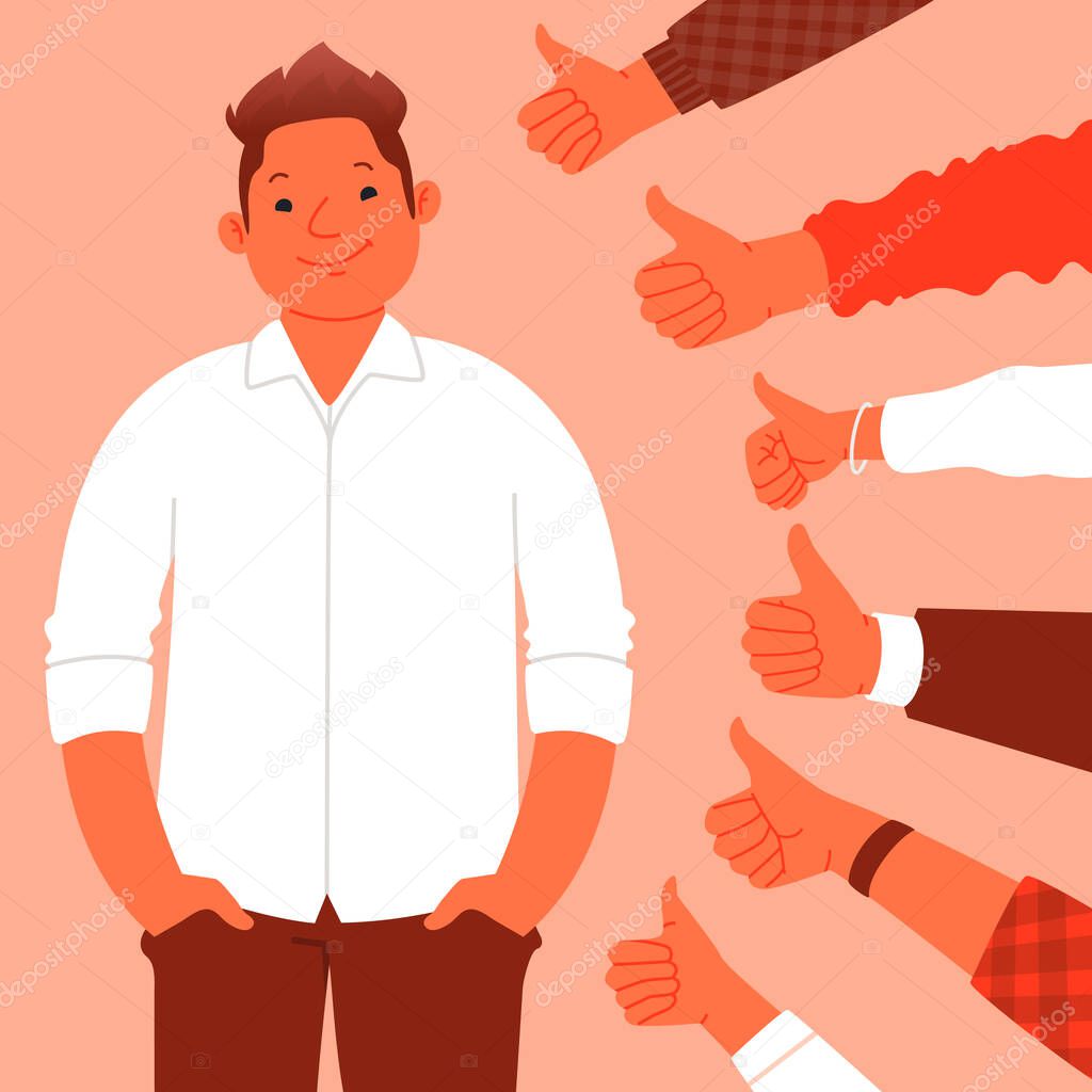 Public approval, praise. Happy man stands on the background of hands showing class gesture. Great work and respect from the community. Vector illustration in a flat style