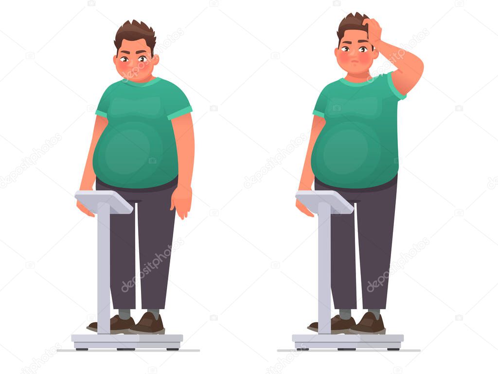 Overweight. A pensive fat man is standing on the scales. It's time to lose weight. Vector illustration in cartoon style