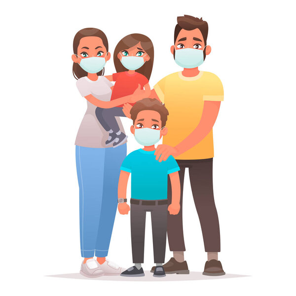 Семья на карантине. Защита от коронавируса. Папа, мама, сын и дочь носят медицинские маски на лицах. Векторная иллюстрация в стиле мультфильма
