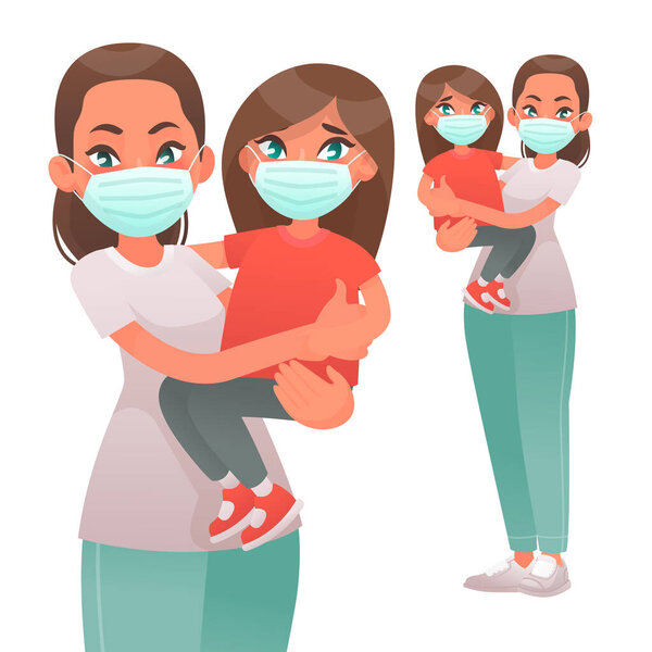 Мама с ребенком в защитной медицинской маске. Мать и дочь защищены от вируса или загрязнения воздуха. Коронавирус. Векторная иллюстрация в стиле мультфильма
