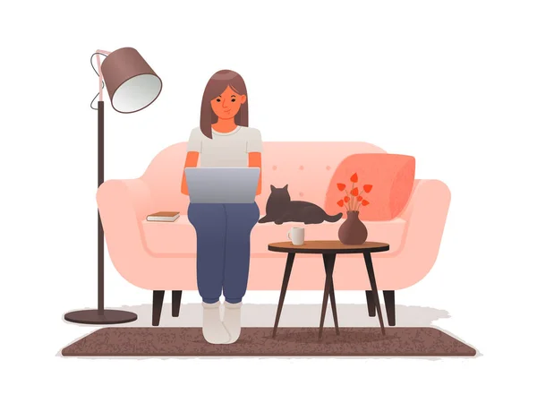 Work Home Woman Sitting Sofa Works Laptop Freelance Outbreak Coronavirus — Stock Vector