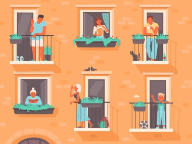 Mahalle konsepti. İnsanlar balkonlarda durur ya da pencereden dışarı bakar. Bir apartmanın komşuları. Büyük şehirlerde hayat. Düz bir şekilde vektör illüstrasyonu