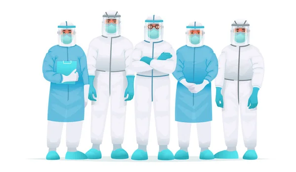 Ομάδα Γιατρών Προστατευτική Στολή Ιατρική Μάσκα Και Γυαλιά Καταπολέμηση Της — Διανυσματικό Αρχείο