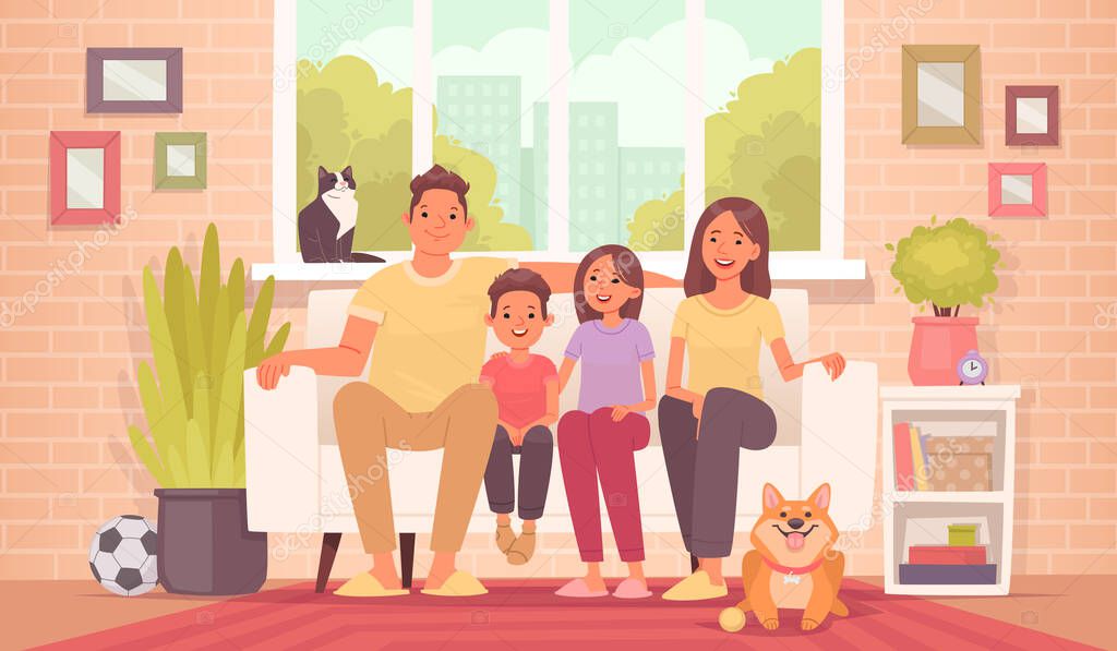 Happy family is sitting on the couch. Mom, dad, daughter, son and pets at home, against the background of the room and the view from the window of the apartment. Vector illustration in cartoon style