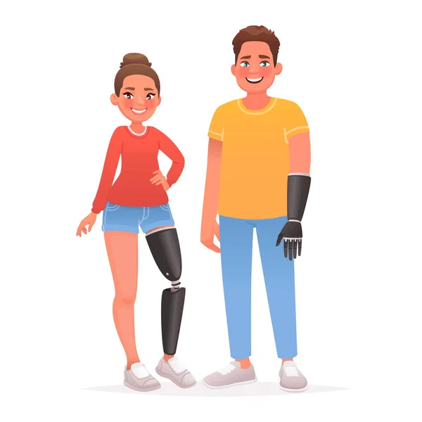 Personajes Hombre Mujer Felices Con Prótesis Brazos Piernas Prótesis Extremidades — Vector de stock