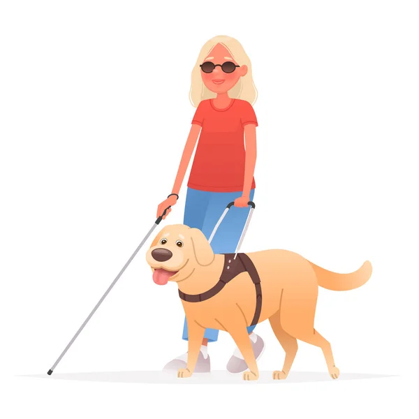 白い背景に盲導犬を連れて散歩中の盲人女性 障害のある人 漫画風のベクトルイラスト — ストックベクタ