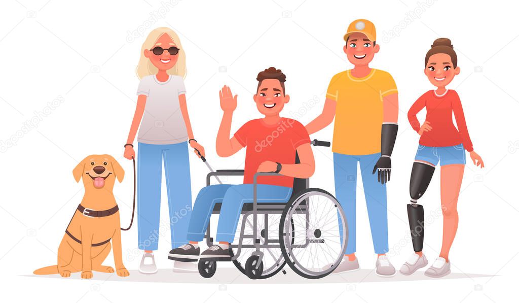 Group of characters with disabilities. People and disability. Blind woman with a guide dog, a guy in a wheelchair, a man and girl with prostheses. Vector illustration in cartoon style