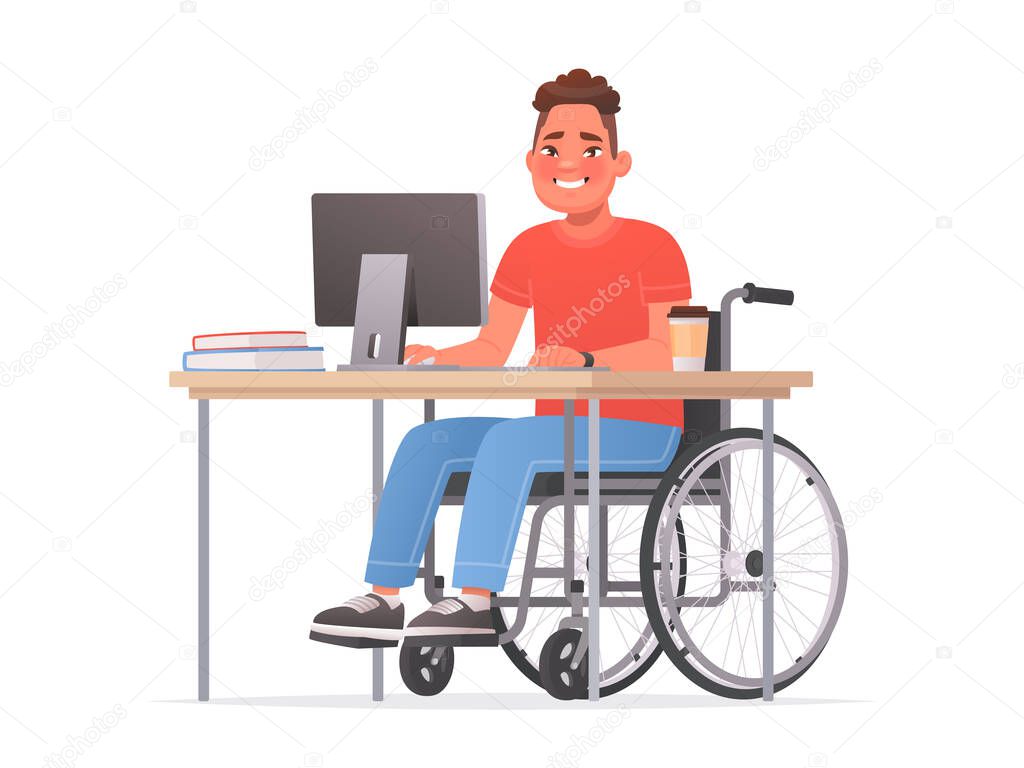 Happy disabled man sitting in a wheelchair at a desk at a computer. Handicapped person at work. Vector illustration in cartoon style