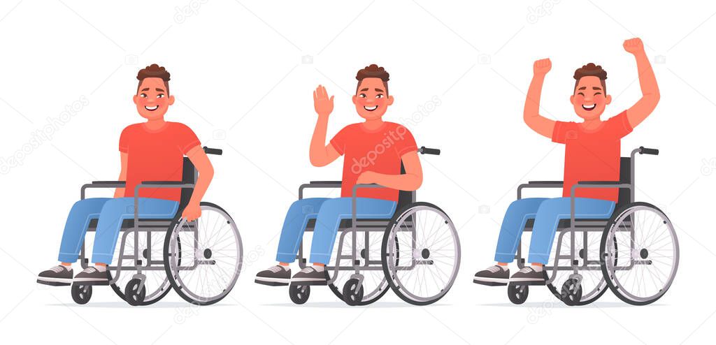 Set of character a young man with disabilities. Happy guy in a wheelchair. Disabled. Vector illustration in cartoon style