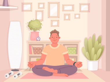 Evde yoga yapan mutlu bir adam. Karantina sırasında meditasyon ve sağlıklı yaşam tarzı. Düz bir şekilde vektör illüstrasyonu