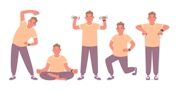 Ensemble Exercices Effectués Par Homme Engagé Dans Fitness Yoga Personnage — Image vectorielle