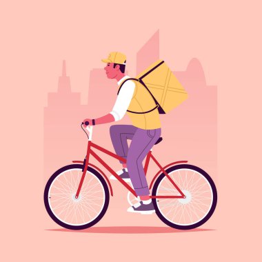 Yemek dağıtım servisi. Bir kurye, şehrin arka planına karşı sipariş vermek için bisiklete biner. Düz bir şekilde vektör illüstrasyonu