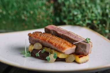 Elma strudel physalis koyu ahşap arka plan üzerinde beyaz tabakta ile parçası