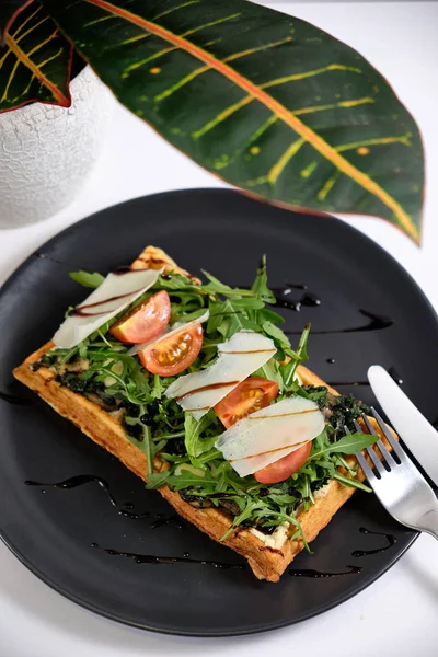 Fried waffle with chicken, herbs, tomatoes, cheese, balsamic vin — Stock Photo, Image