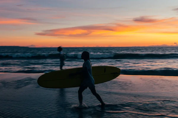 Surfer girl at sunset — Stock Photo, Image