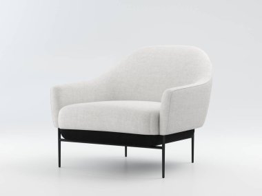 Siyah bacaklı yumuşak gri koltuk. Üç boyutlu modelleme ve gri arka planda bir ev sandalyesinin görselleştirilmesi. 3B görüntüleme