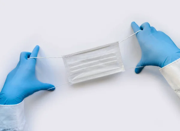 Hands Medical Worker Blue Gloves Pull Medical Face Mask White — Stock Photo, Image