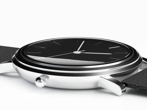 ミニマルなスタイルでブラックストラップと時計の3Dモデル サイドビュー 時計の可視化 — ストック写真