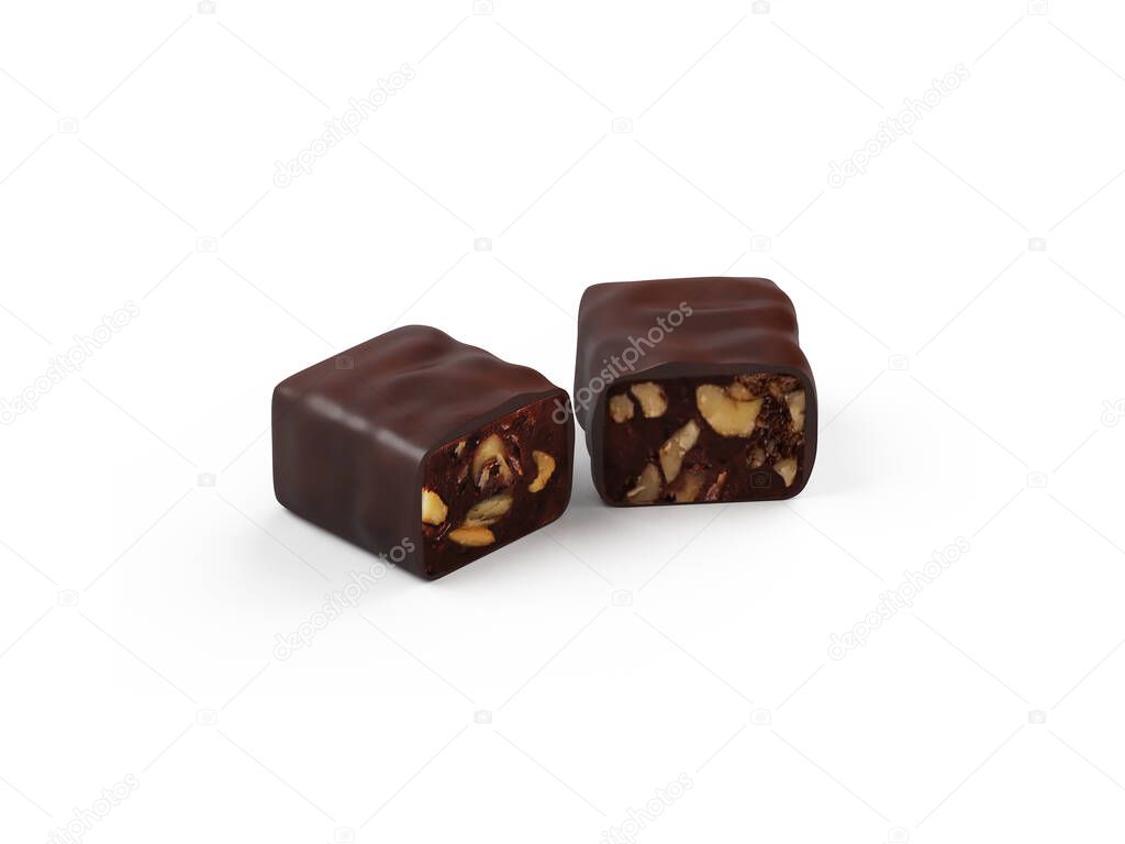 Chocolate candy with . 3D sectional rendering and visualization of candy on a white background. 3D rendering