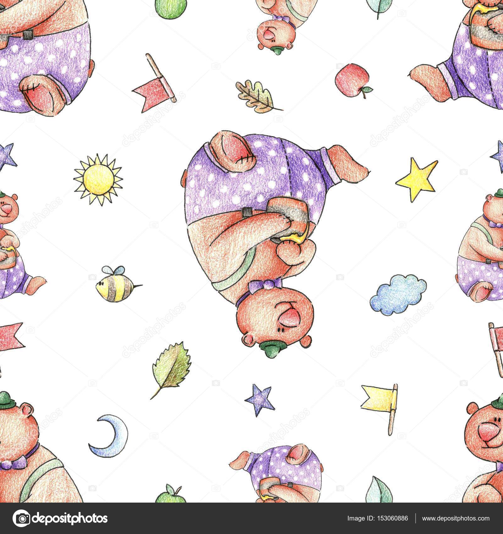 Orso in un pantalone punteggiato e cappellino con miele API foglie mele ban re e nuvole disegnato a mano con le matite di colore