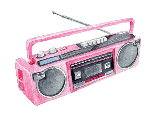 Watercolor Pink Retro Boombox Iillustration. Watercolor hand drawn vibrant retro boombox playing music from 1980s.
