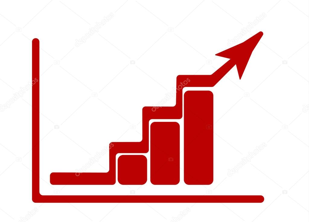 Growing up graphic with rising arrow and diagram. Red flat icon. Vector illustration