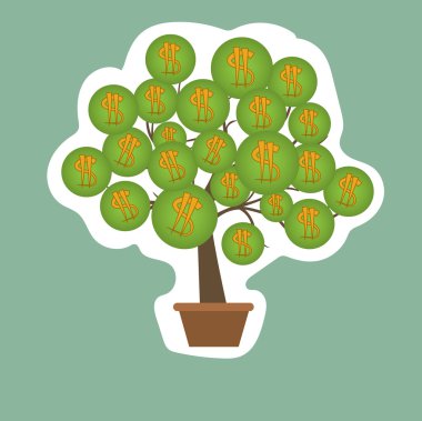 Beyaz arka plan üzerinde izole pot ile para ağacı etiket. Vektör çizim