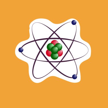 Atom etiket simge turuncu zemin üzerine. Vektör çizim. Düz tasarım.