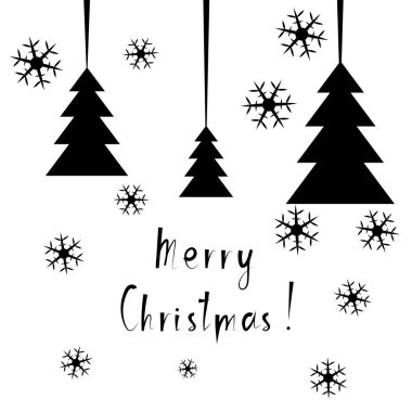 Kartpostal için Noel evlen. Beyaz arka plan üzerinde kar taneleri ile siyah soyut köknar ağacı. Vektör çizim