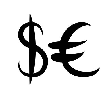 Ana para birimi işaretleri siyah kümesi. Dolar ve euro beyaz arka plan üzerinde belirtisi. Vektör çizim