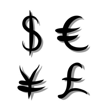 Ana para birimi işaretleri siyah kümesi. Dolar ve yen, euro ve sterlin gölge beyaz zemin üzerine belirtisi. Vektör çizim