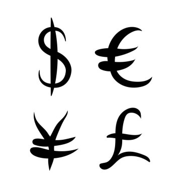 Ana para birimi işaretleri siyah kümesi. Dolar ve yen, euro ve sterlin beyaz arka plan üzerinde belirtisi. Vektör çizim