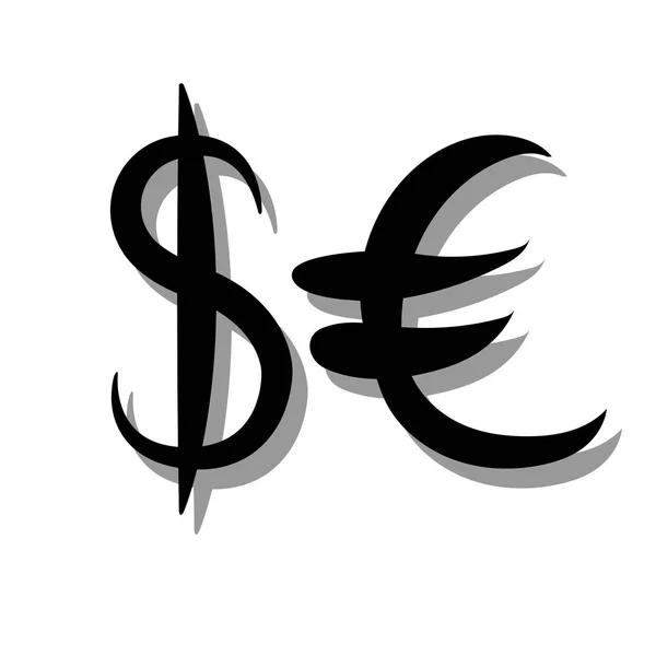Svart set med huvudvalutan tecken. Tecken på dollarn och euron på vit bakgrund med skugga. Vektorillustration — Stock vektor