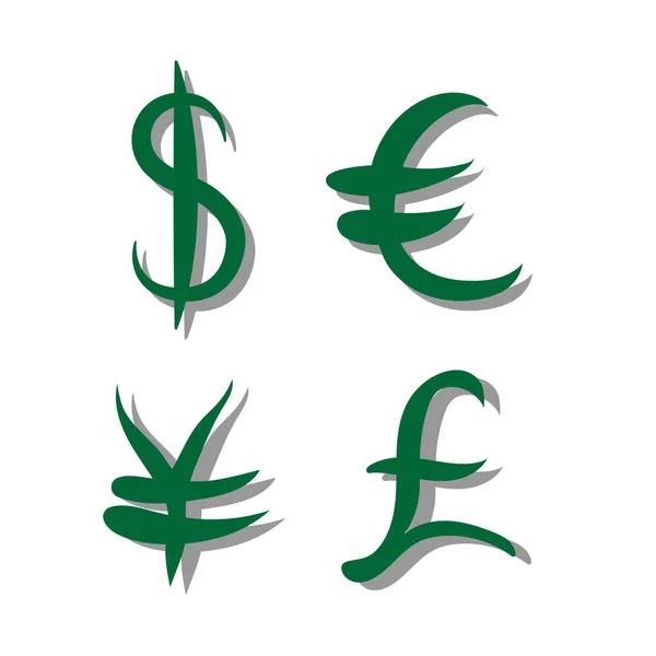 Grüne Reihe der wichtigsten Währungszeichen mit Schatten. Zeichen für Dollar und Yen, Euro und Pfund. Vektorillustration — Stockvektor
