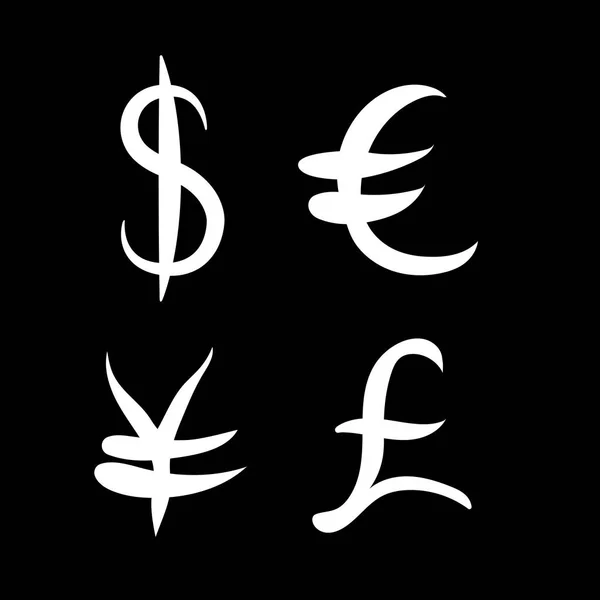 Serie bianca di segni di valuta principali. Segni di dollaro e yen, euro e sterlina su sfondo nero. Illustrazione vettoriale — Vettoriale Stock