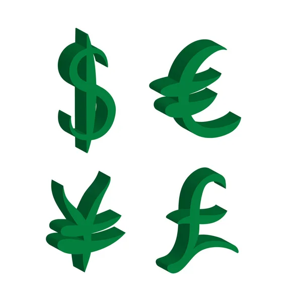 Serie verde dei principali segni di valuta. Segni di dollaro e yen, euro e sterlina. Illustrazione vettoriale — Vettoriale Stock