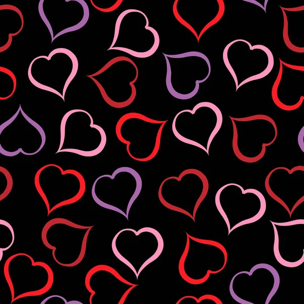 Diferentes corazones de color patrón sobre fondo negro. Ilustración — Vector de stock