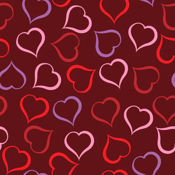 Diferentes corazones de color patrón sobre fondo carmesí. Ilustración — Vector de stock