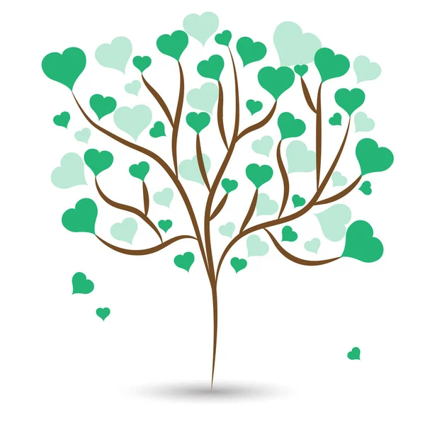 Yeşil kalp ile güzel aşk ağacı farklı boyutlarda beyaz zemin üzerine bırakır. Vektör çizim — Stok Vektör