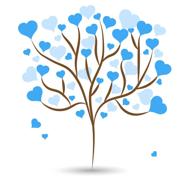 Mavi kalp ile güzel aşk ağacı farklı boyutlarda beyaz zemin üzerine bırakır. Vektör çizim — Stok Vektör