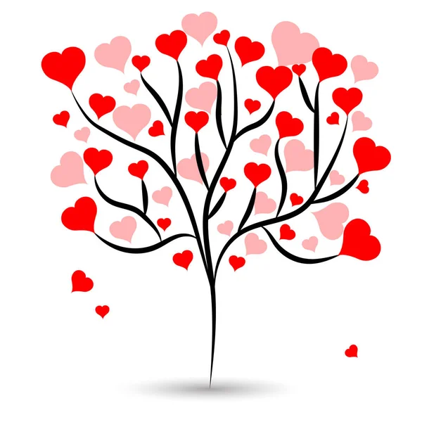 Güzel aşk ağaç sıcak kırmızı kalp ile farklı boyutlarda beyaz zemin üzerine bırakır. Vektör çizim — Stok Vektör