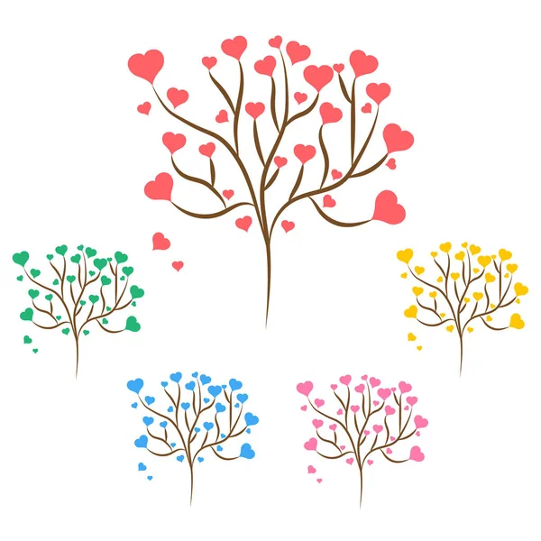 Aşk ağaçları ile kırmızı, yeşil, mavi, pembe ve sarı kalpler kümesi farklı boyutlarda beyaz zemin üzerine bırakır. Vektör çizim — Stok Vektör