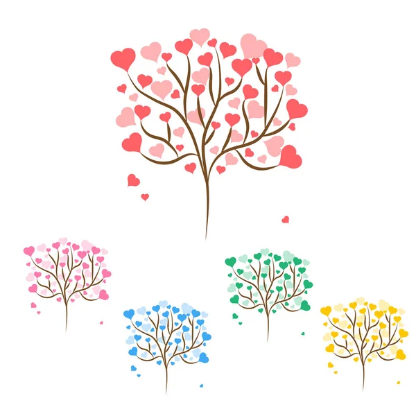 Set of beautiful love trees with red, green, blue, pink and yellow hearts leaves different sizes on white background. Vector illustration — Stock Vector